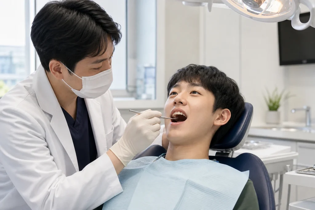어금니 영구치 결손 진단과 치료 선택을 설명하는 치과 상담 사진