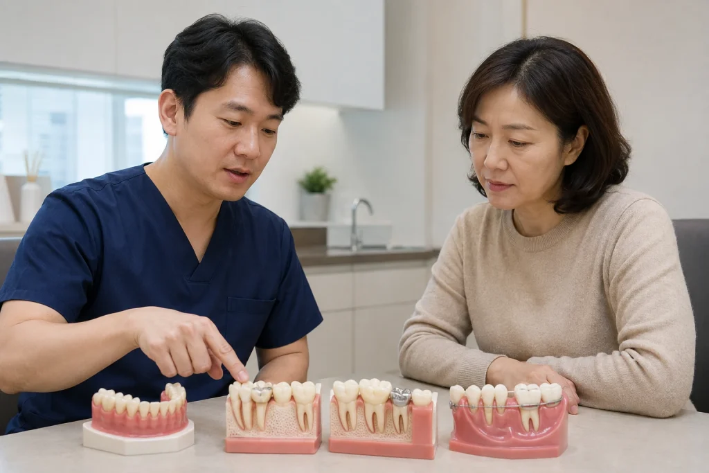 어금니 영구치 결손 진단과 치료 선택을 설명하는 치과 상담 사진