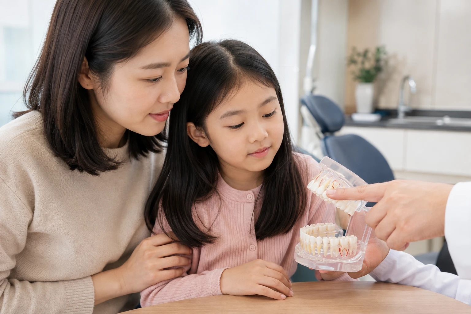 어금니 영구치 결손 진단과 치료 선택을 설명하는 치과 상담 사진