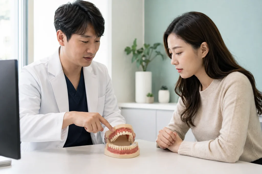 어금니 영구치 결손 진단과 치료 선택을 설명하는 치과 상담 사진