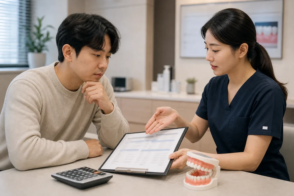 어금니 영구치 결손 진단과 치료 선택을 설명하는 치과 상담 사진